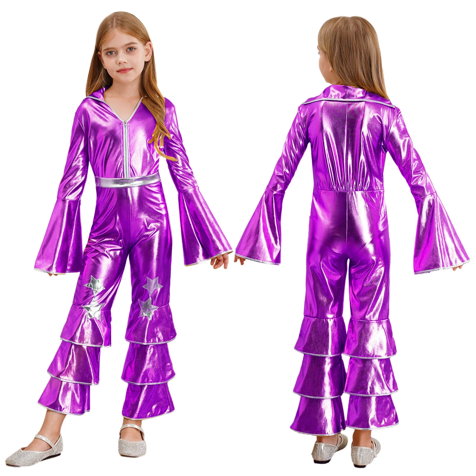 Children Girls 1970s Disco Costume Disco Dance Bodysuit Long Sleeve Ruffle Bell Bottom Jumpsuit Halloween Retro Cosplay Costume