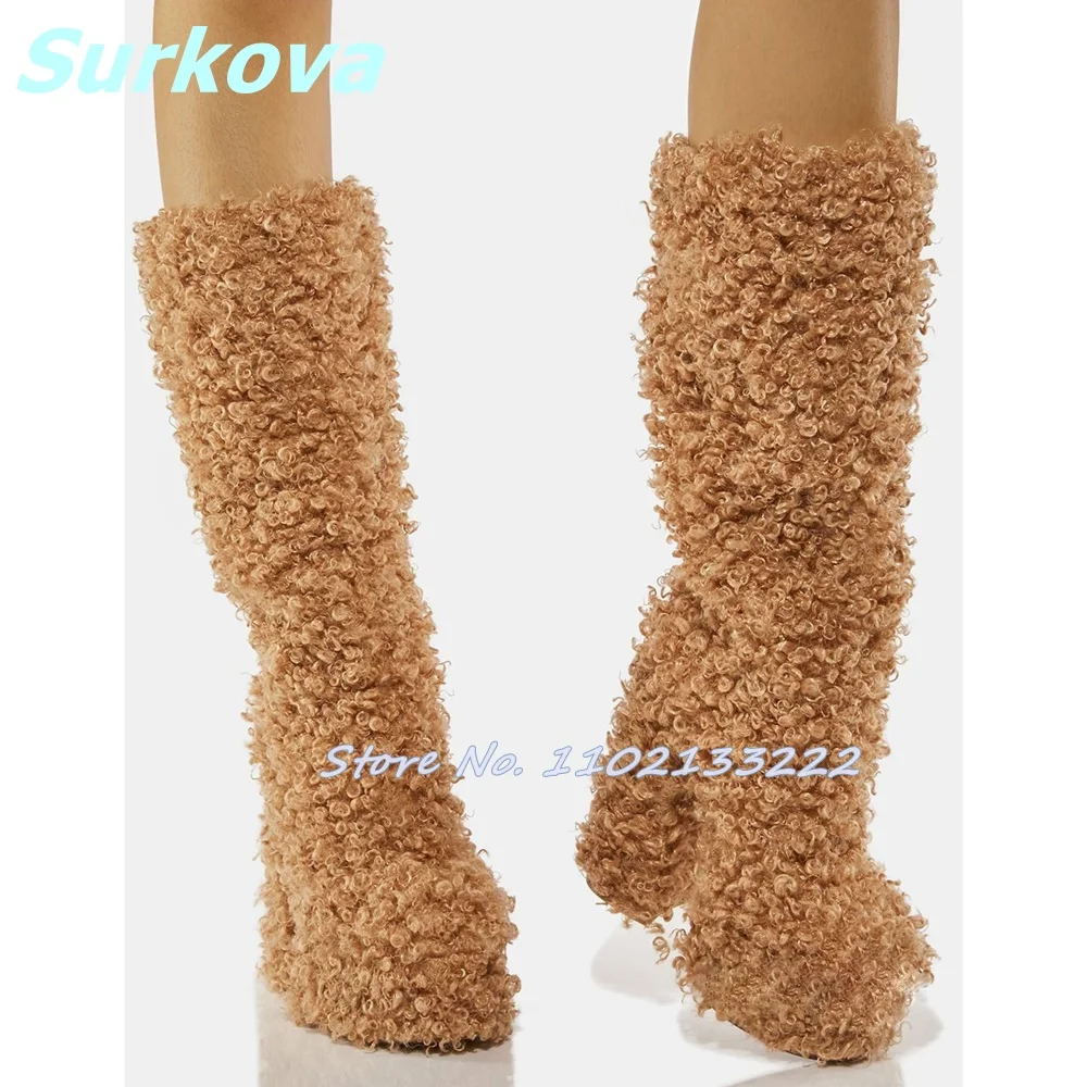 

Lamb Wool Boots Platform Round Toe Square High Heels Knee High Boots Fashion Cute Warm Women Shoes Winter Comfortable Long Boots