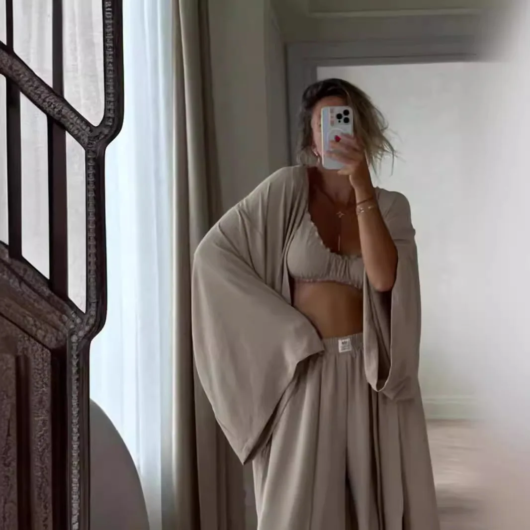 

Сексуальный свободный комплект из 3 предметов: модная женская одежда, рубашка с длинным рукавом, бюстгальтер и брюки с высокой талией, летний женский комплект 2026