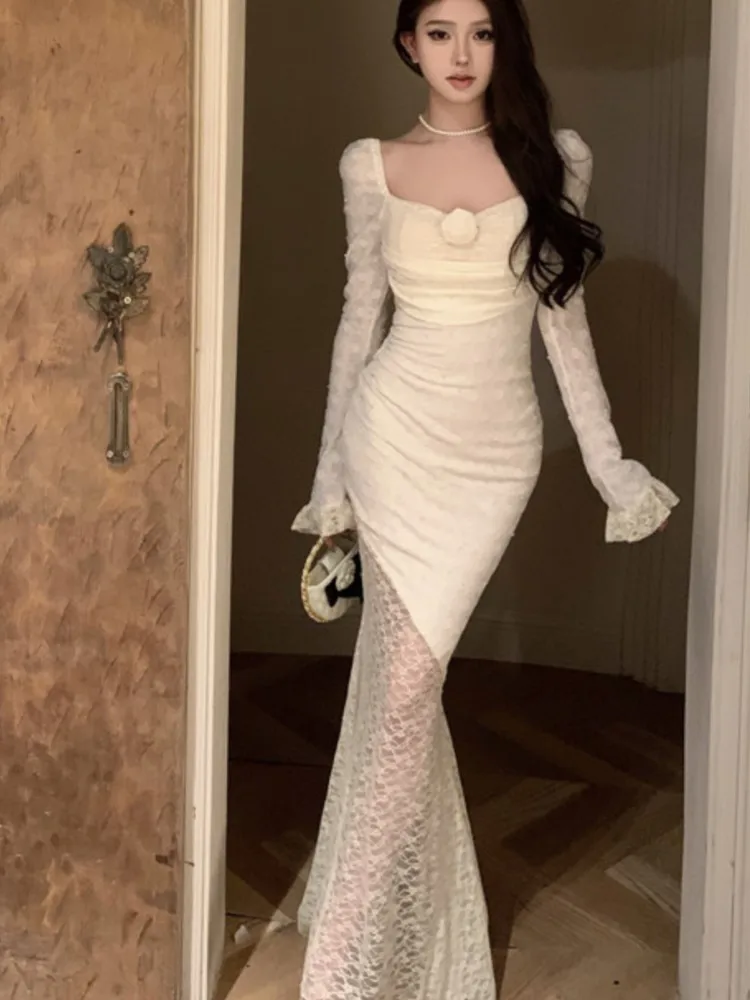 Sexy Lace Square Collar Long Dress Autumn Floral Slim Waist Coquette Bodycon Female Clothes Vestidos Party Prom Evening Robe