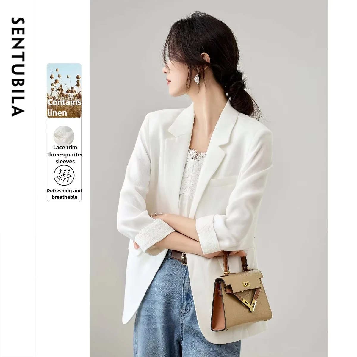 

SENTUBILA Women's Office Blazer 2025 Autumn Single Button Lace Trim Cuff Three-Quarter Sleeve Loose Commuter Outwear 153XC2958