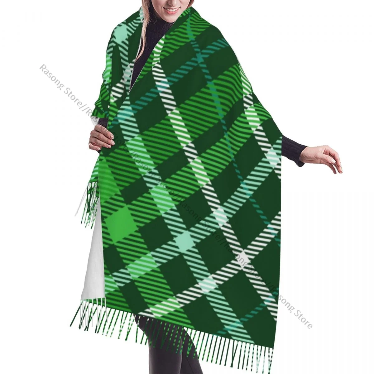 Dark Green Plaid Check Pattern Scarf Winter Long Large Tassel Scarves Soft Wrap Pashmina