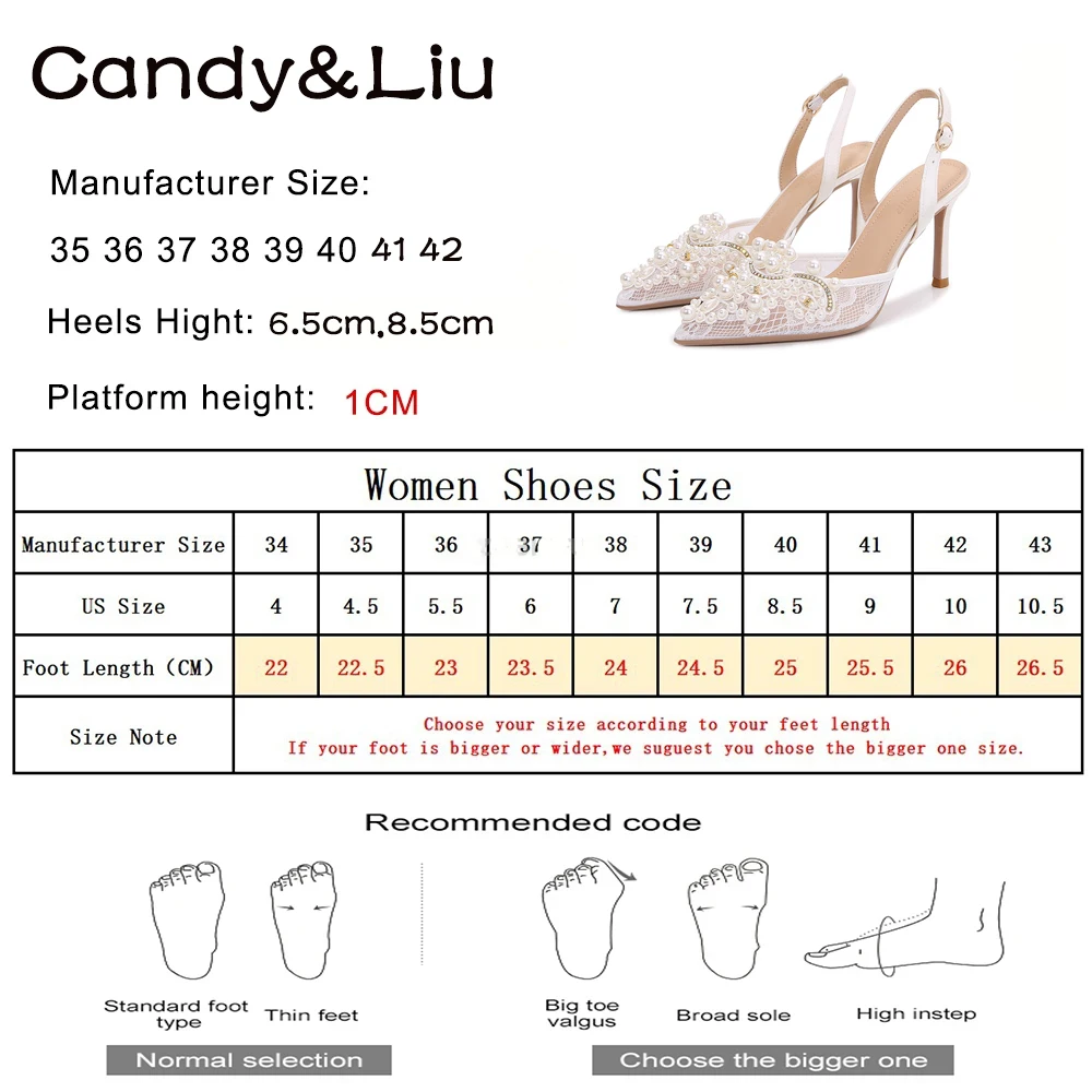 Women Wedding Shoes White Mesh Air Pearls Crystals Decortaions Middle Thin Heels Pointed Toe Back Buckle Strap Bride Sandals Hot