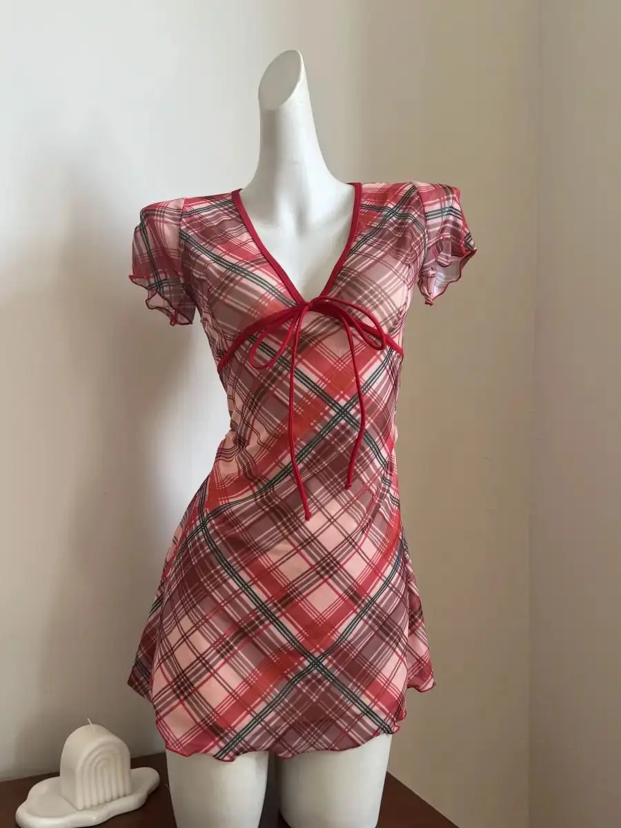 Harajuku a cuadros moda Vintage vestido trajes de baño vacaciones playa Chic Y2k traje de baño estético Sexy vacaciones Casual traje de baño de una pieza