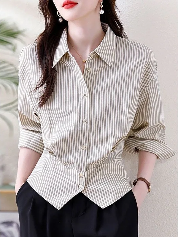 

Chic Hong Kong Sle Women's Ne irt Slim Fit Long Sve Striped Ele Split Casual Faion Autumn New Arrival