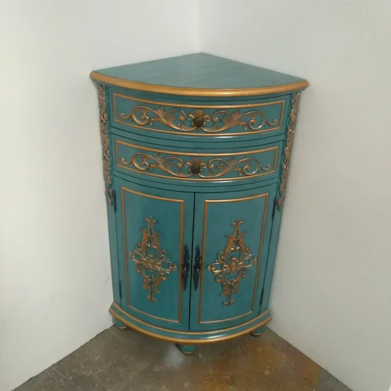 TAO Golden Blue Carvings Corner Cabinet Living Room Side Cabinet Triangle Storage Cabinet Complete Set