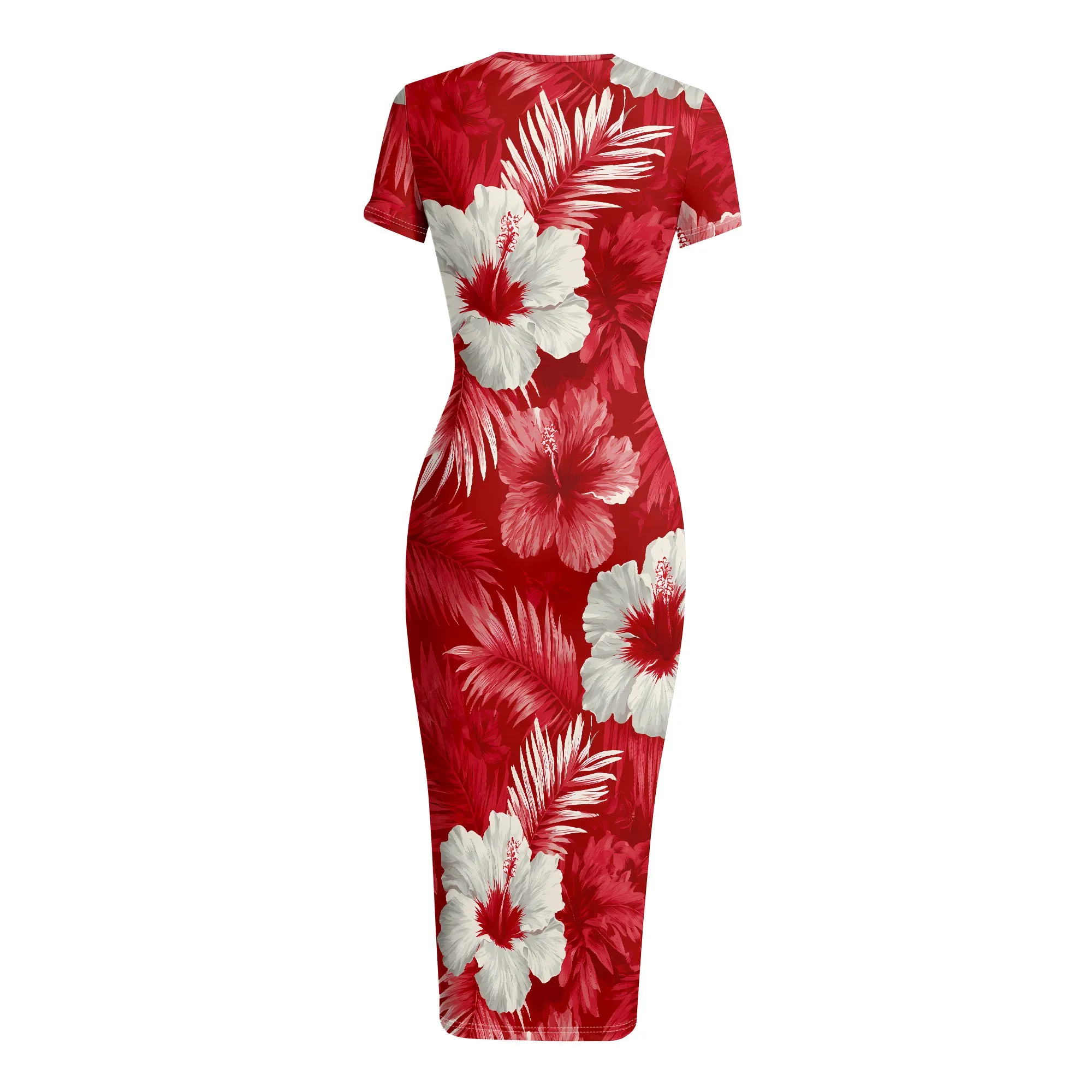 Red Floral Print Dress, Short Sleeve Bodycon Midi Dress, Tropical Hibiscus Pattern, Summer Vacation Beach Wear, S-2XL