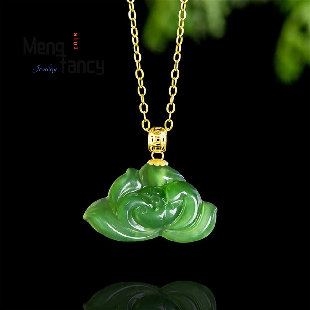 

Spinach Green Natural Old Material Hetian Jade Jasper Lotus Lotus Pendant Genuine 18K Gold Buckle Jade Men's And Women's