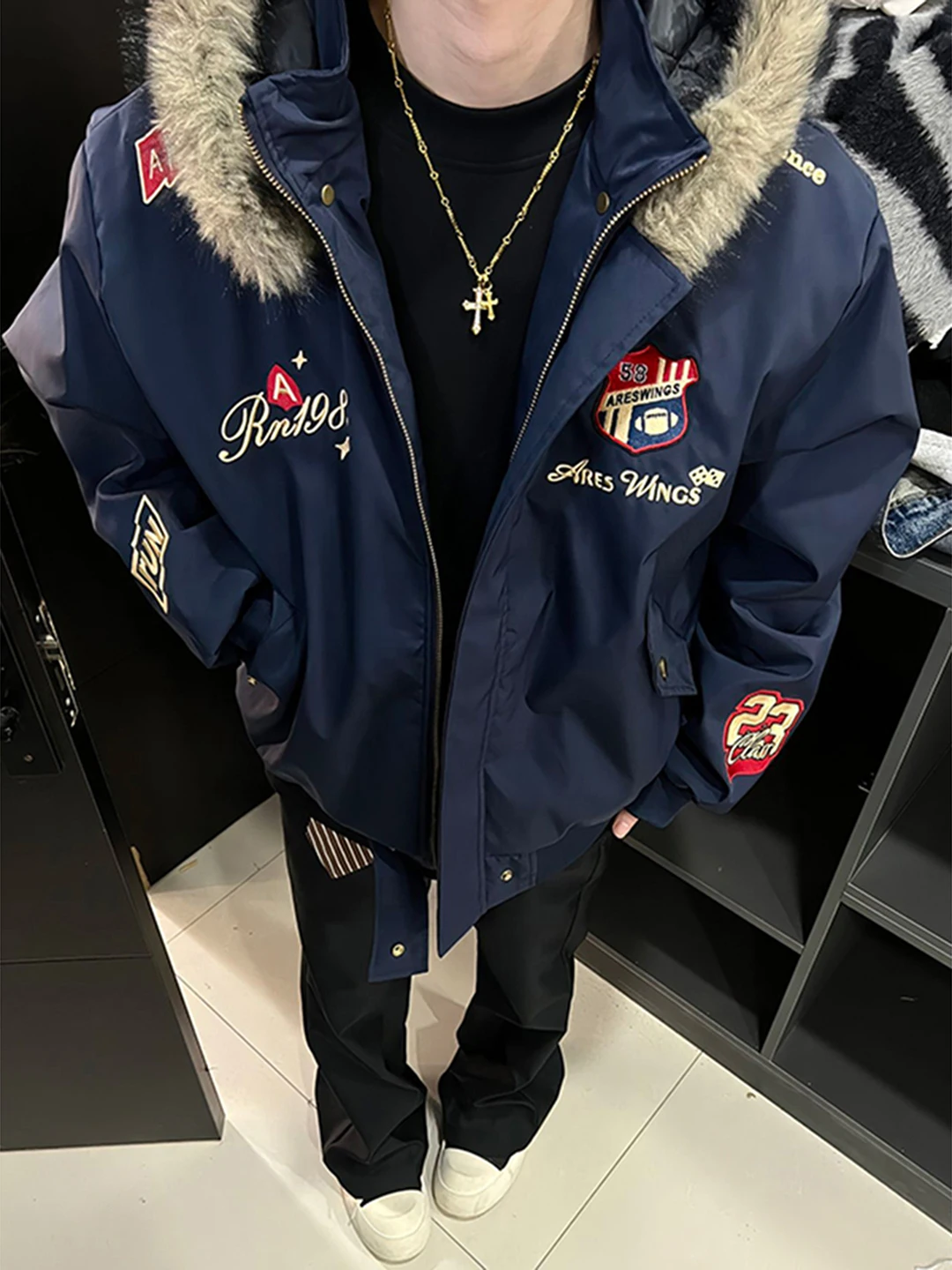 

Thickened Winter Cotton Jacket American Embroidery Eagle Design Hooded Fur Collar Men's Flight Coat Youth Popular Style