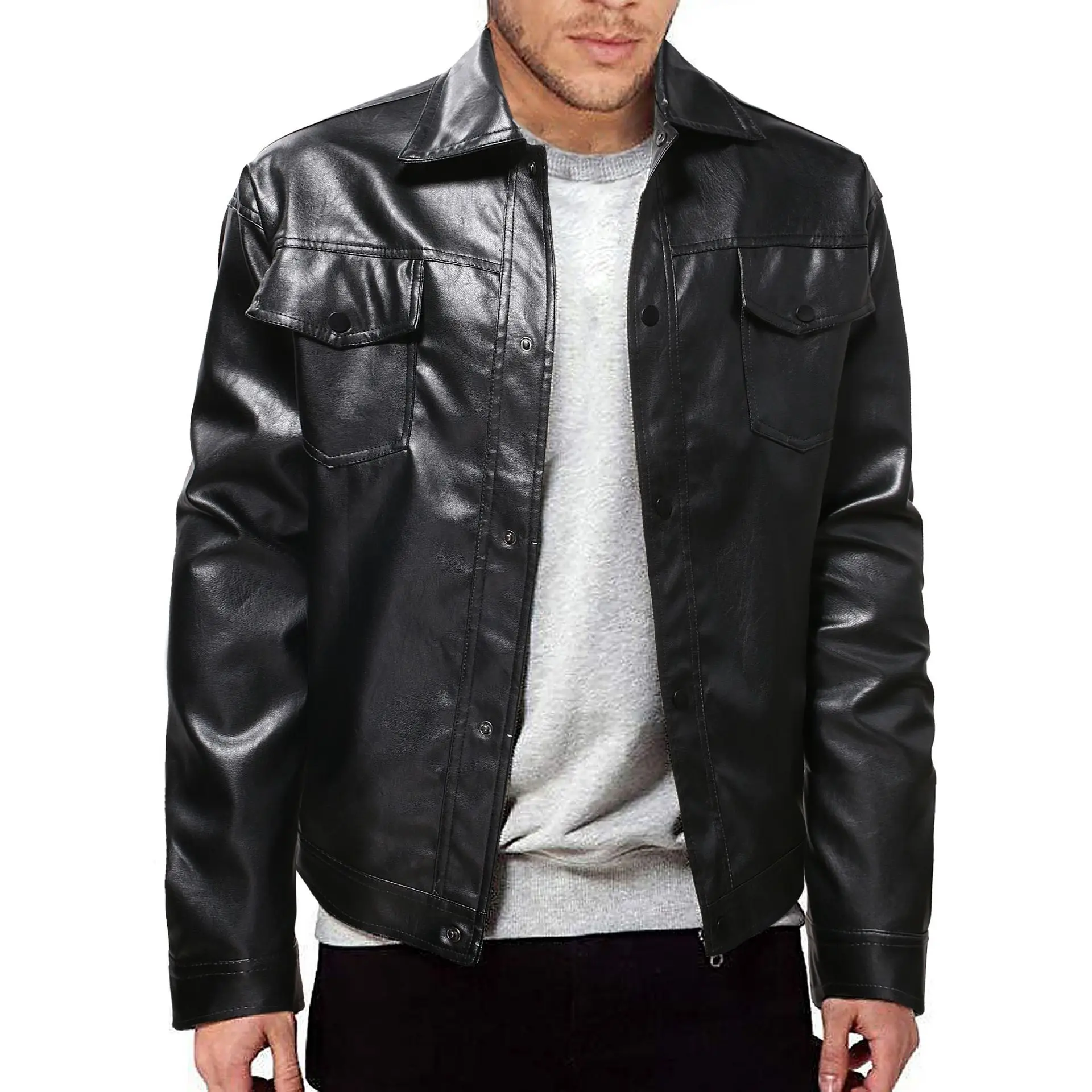 

New 2023 Men's Fashion Leather Jacket Large Size Single Button Motorcycle Style Loose Outerwear Casual Long Coat