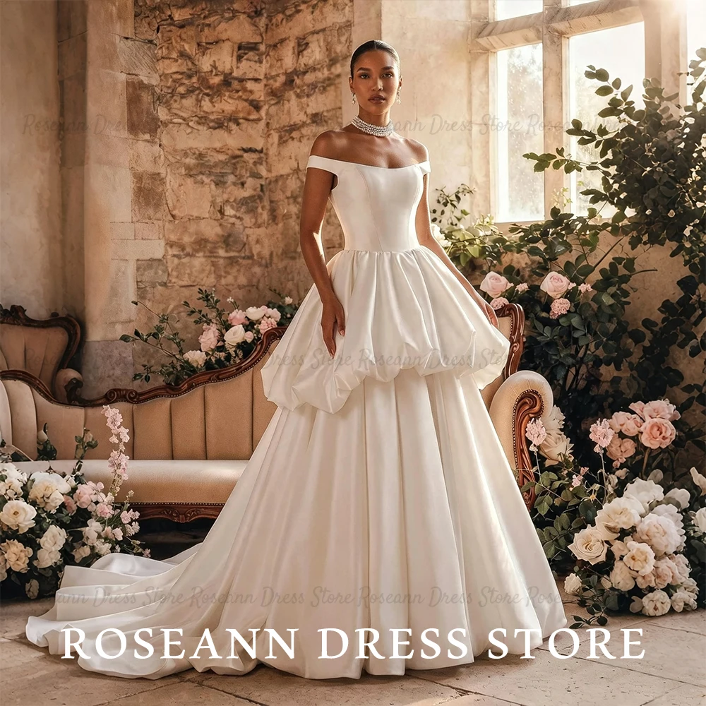 Roseann Wedding Dresses Off‑the‑Shoulder Satin Long Ball Gown vestido de novia Tiered Ruffle Chapel Train Bridal Gown Customized
