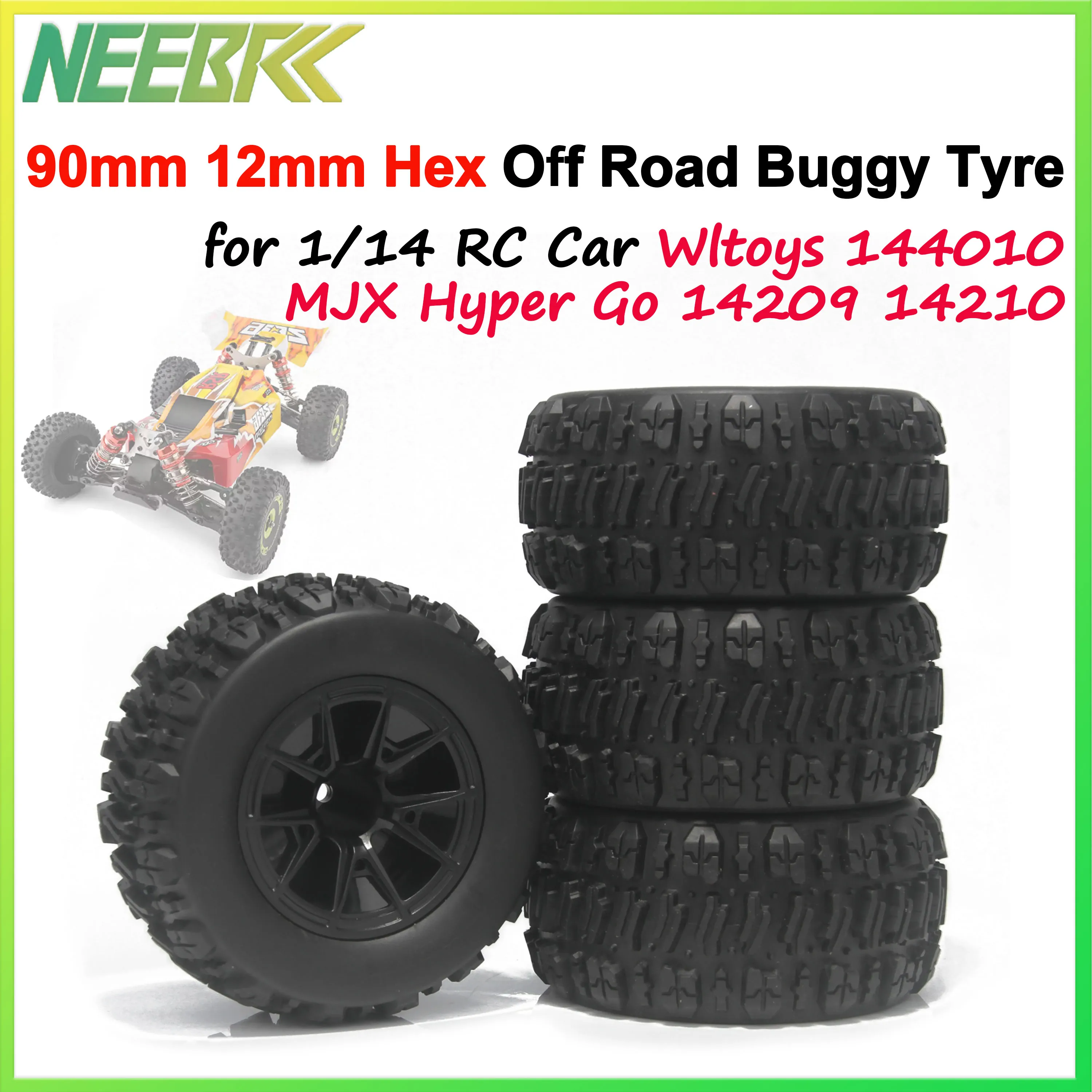 

90mm 12mm Hex Monster Truck Rubber Tires Off Road Buggy Wheel for 1/14 RC Car Wltoys 144010 MJX Hyper Go 14209 14210