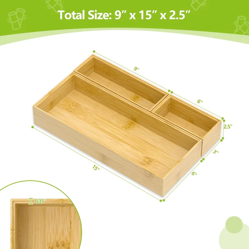 Bamboo3 PCS Utensil Drawer Organizer Tray, Kitchen Silverware Cutlery, and Storage, Bath