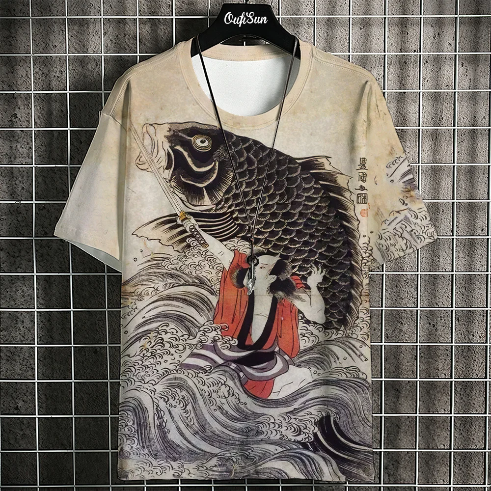 Ukiyo-E T-Shirt For Men Japanese Tshirts 3d Animal Fish Print Short Sleeve Tees Tops Casual Sweatshirt Men\'s Clothing S-4XL