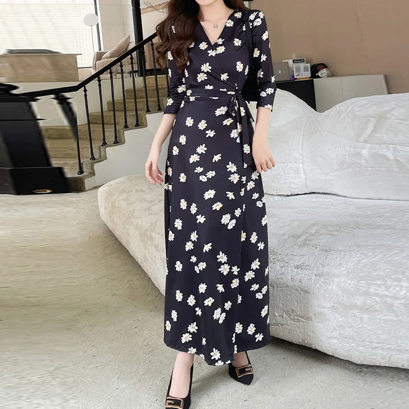 

FANIECES One-piece Side Split Black Wrap Long Dresses French Robe Retro Elegant Ladies Bandage Maxi Dress Party vestidos largos