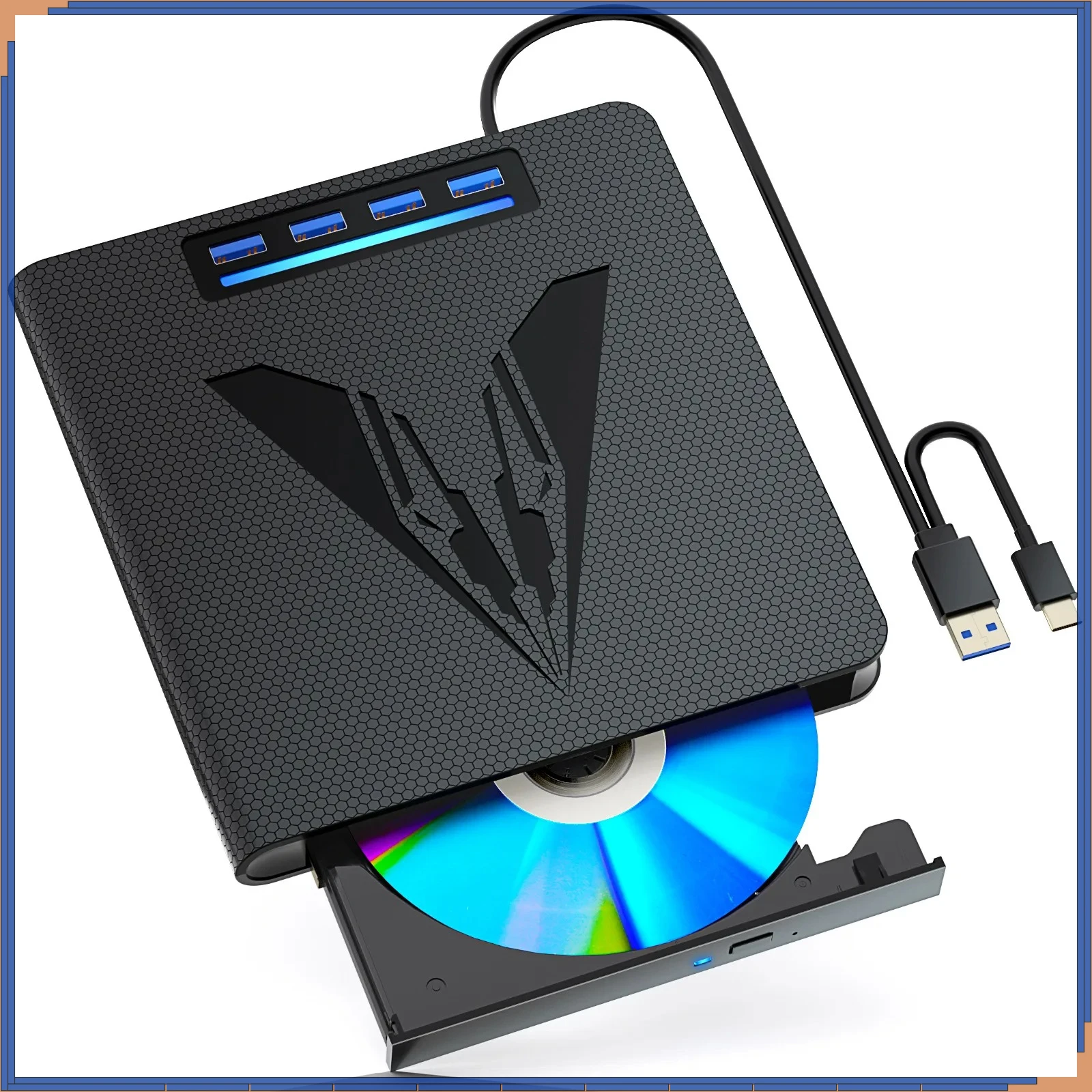 Portable CD/DVD Disk Drive Burner Reader Writer Player External CD DVD Drive with 4 USB Ports and TF/SD Card Slots for Laptop PC