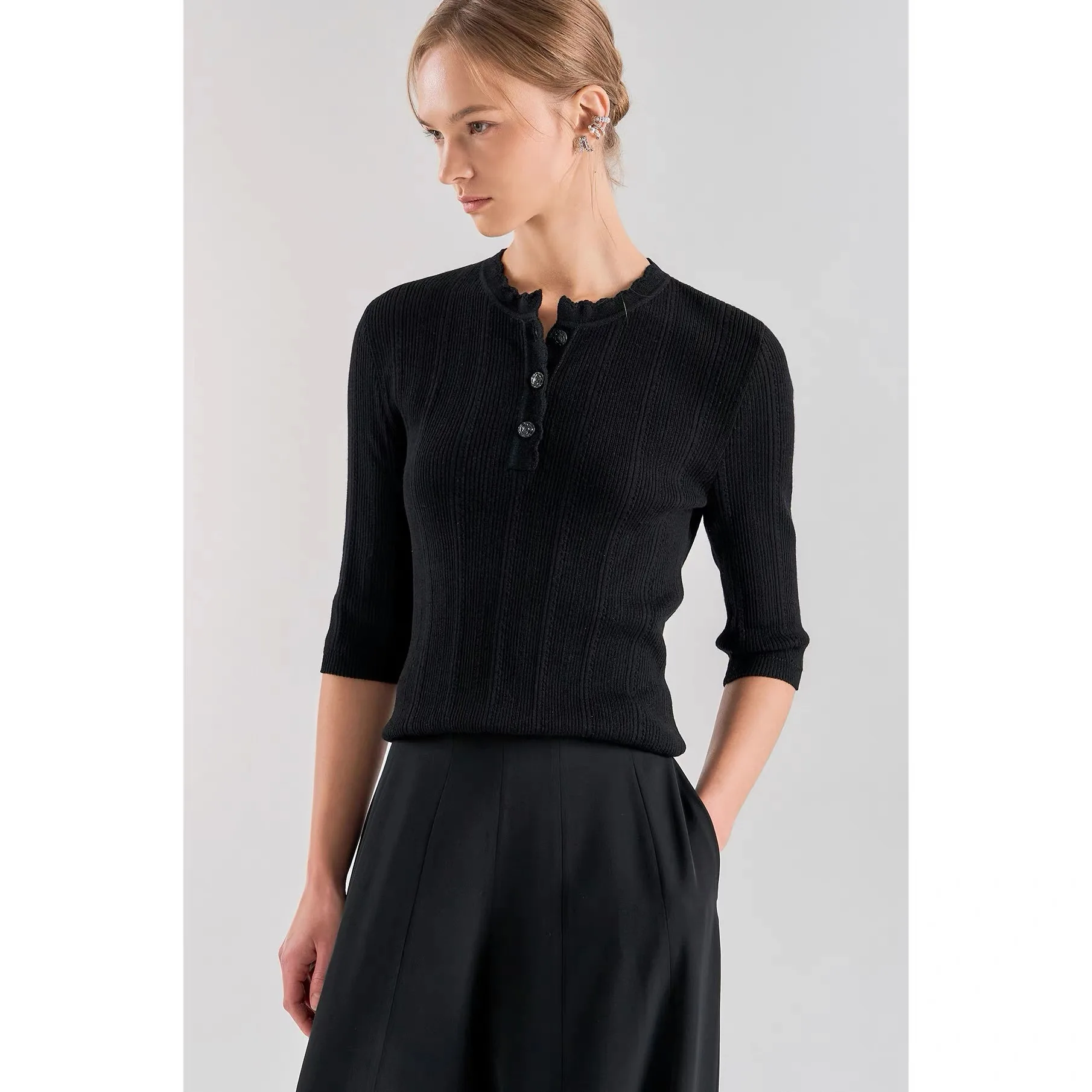 

Spring LAN26 Slim Fit Floral Lace Collar Five Sleeve Knitted Sweater Versatile Commute Style Regular Sleeve Length Pure Color