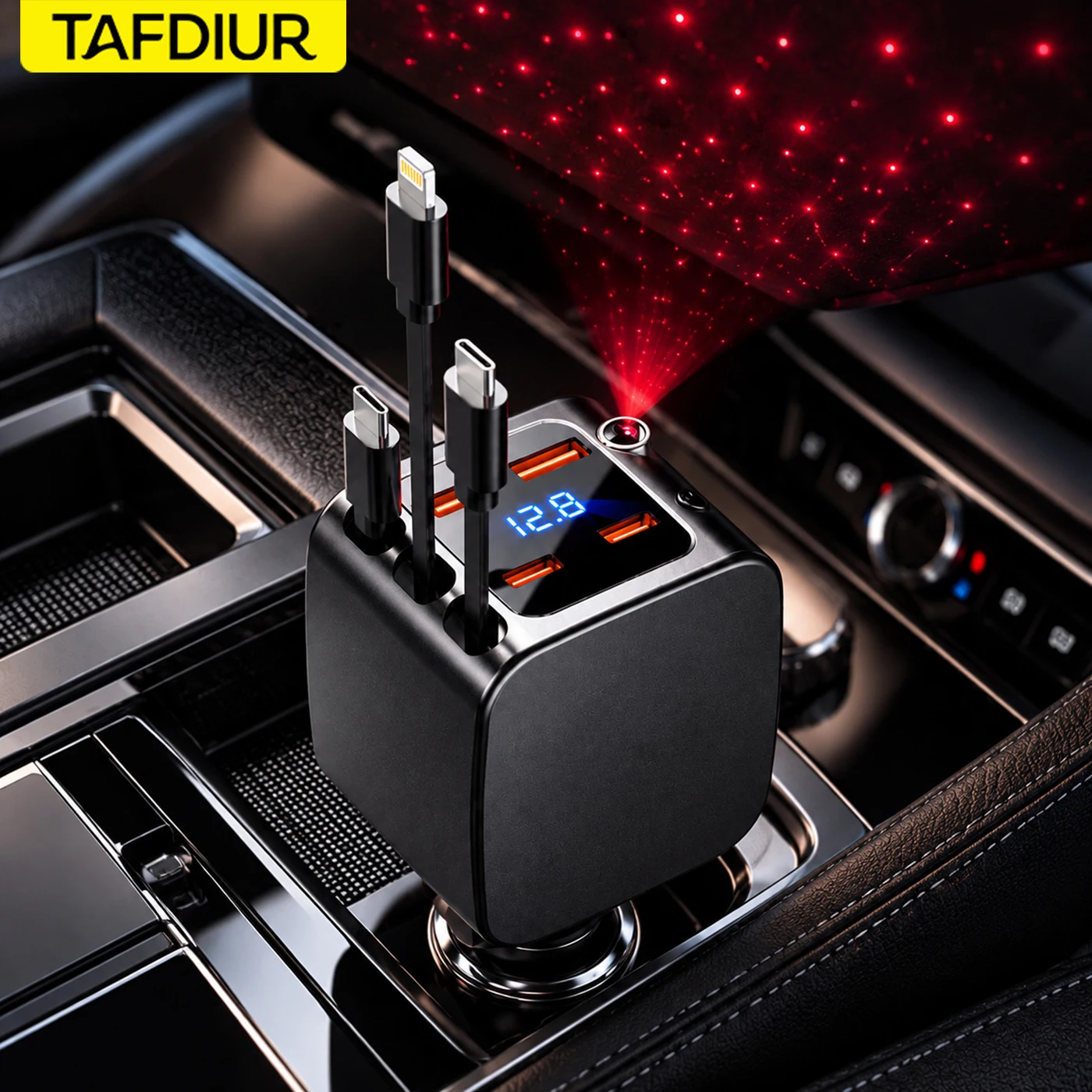 Tafdiur 1-Piece Black Abs Material 30W Fast Charging 4Usb Ports + 2 Type-C + 1 Apple Port Car Cigarette Lighter Charger Splitter, Seven-In-One Retractable Car Charger, with Red Starry Sky Ceiling Light Ambient Light, Fast Charging with Voltage Display, Ultra-Long Data Cable
