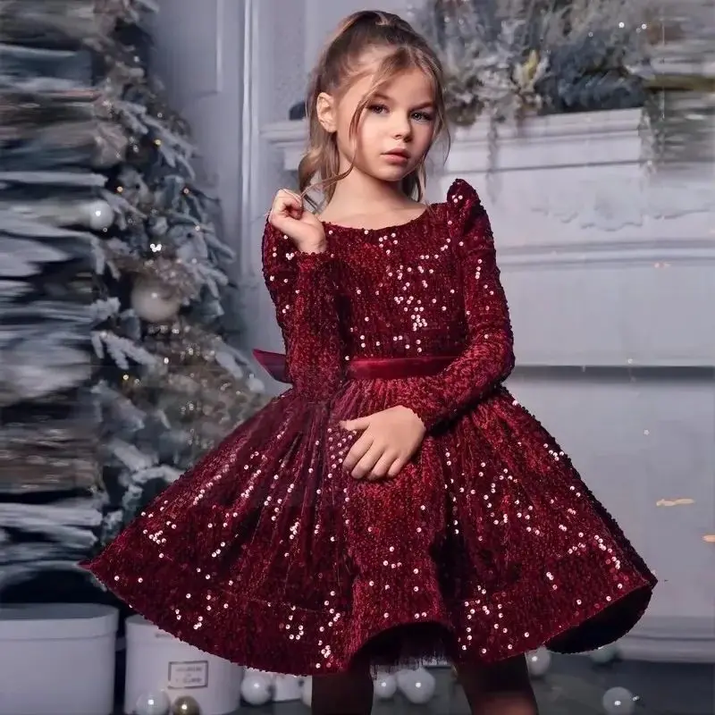 

Baby Girl Princess Christmas Sequin Dress Long SleeveWinter Evening Gown Infant Toddler Child Bow Vintage Baby Clothes 12M-12Y