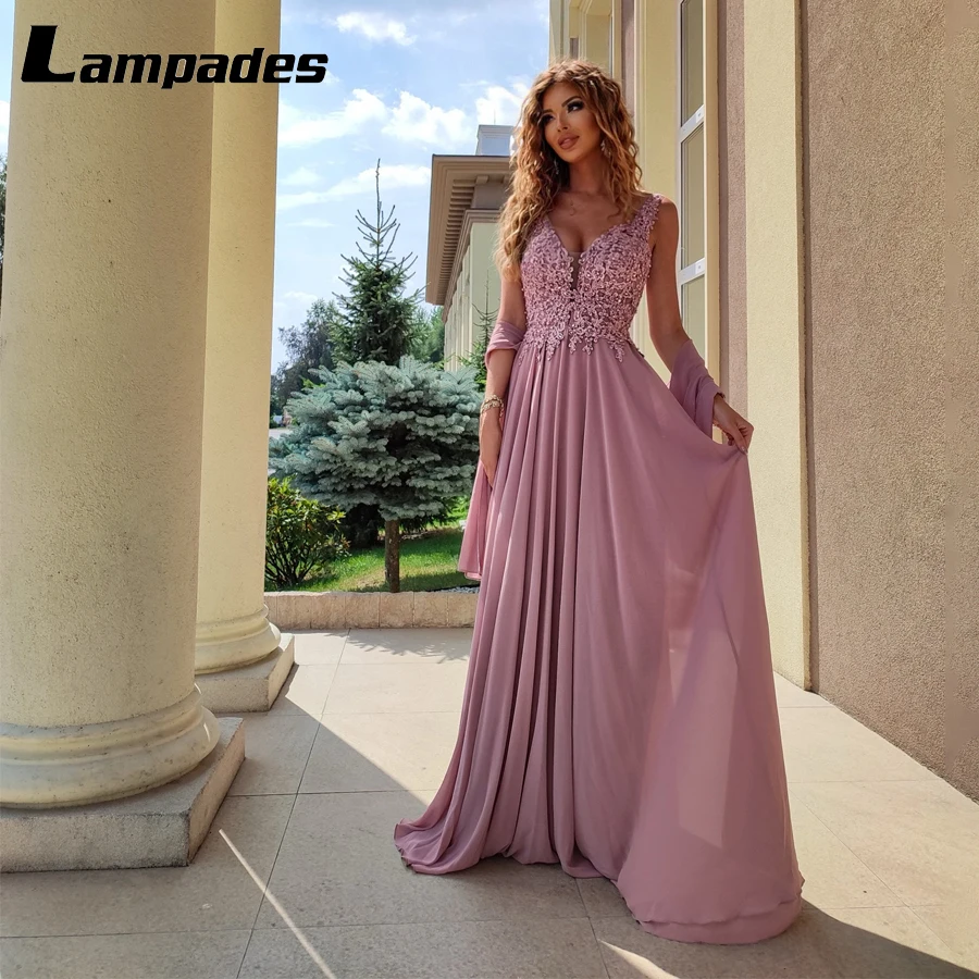 V-neck Dark Pink Long Evening Dress with Detachable Chiffon Wrap robe de soiree femme pour mariage Formal Party Gowns