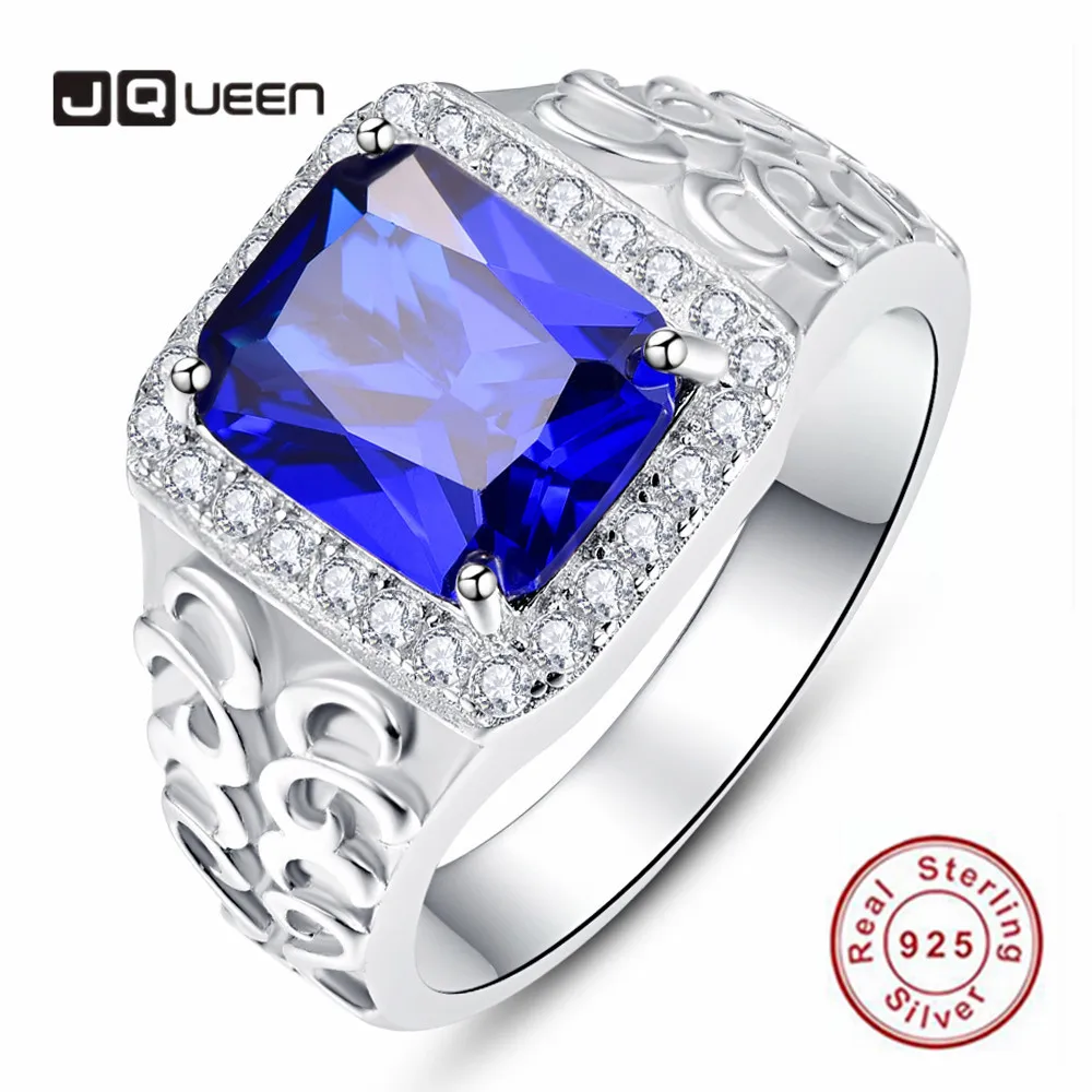 JQUEEN 925 Sterling Silver Square Royal Blue Cubic Zirconia Embossed Men's Ring Created Sapphire White Zircon Hollow Ring