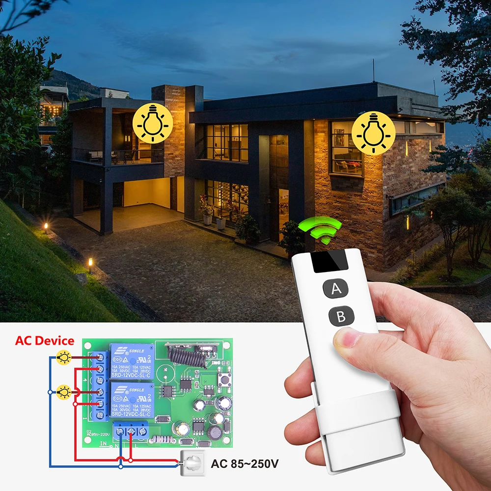 433MHz Universal Wireless Remote Control Switch 110V 220V 2CH Relay Module and 60m Transmitter for Light/Garage Gate/Crane/DIY