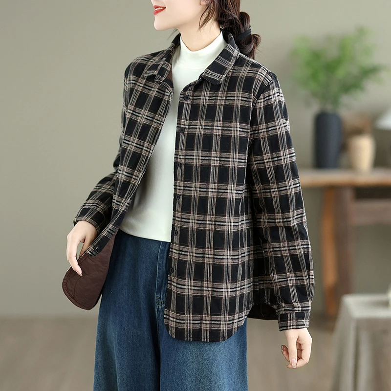 

Thiened Warmth Outerwear Autumn Winter Collar Single Button Loose Slimming Plaid Cotton Coat for Women Commuting