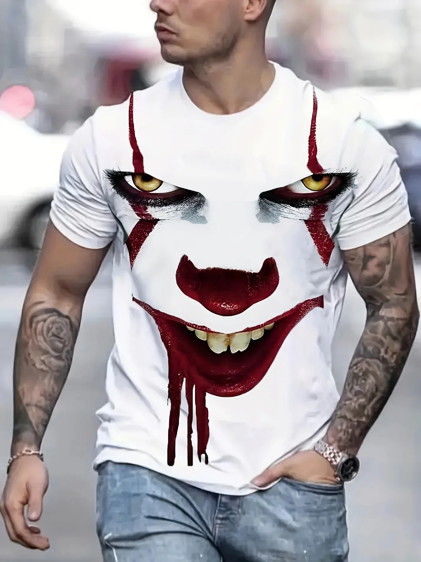 Halloween Men's Scary Clown Print Graphic Tee Comfortable Stylish Short Sleeve Shirt Summer Outdoor Punk Style Oversized T-Shirt