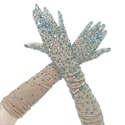 Fashion Party Rhinestone Gloves Women Skin Nude Color Crystal Prom Wedding Long Gloves Dancer Singer Stage Accessories Shoutao