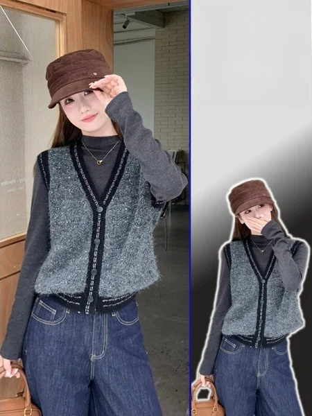 

plus Size Women's Slimming V-Ne Single Button Vest Top Layered Spring Faionable Versatile Tank Top Warmth Functional