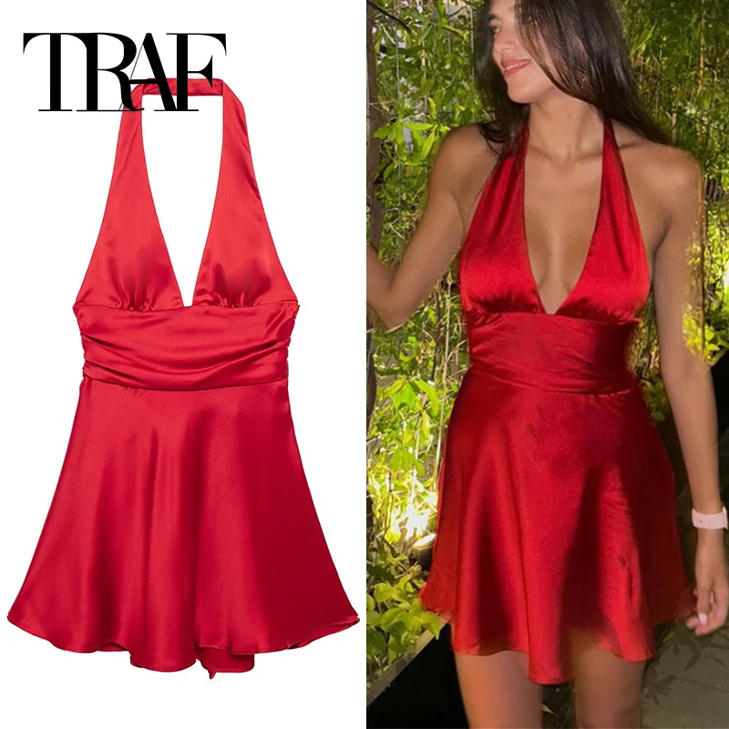 TRAF Red Satin Dress Woman Off Shoulder Halter Mini Dress Women Bow Backless Sleeveless Summer Dresses Sexy Short Dresses