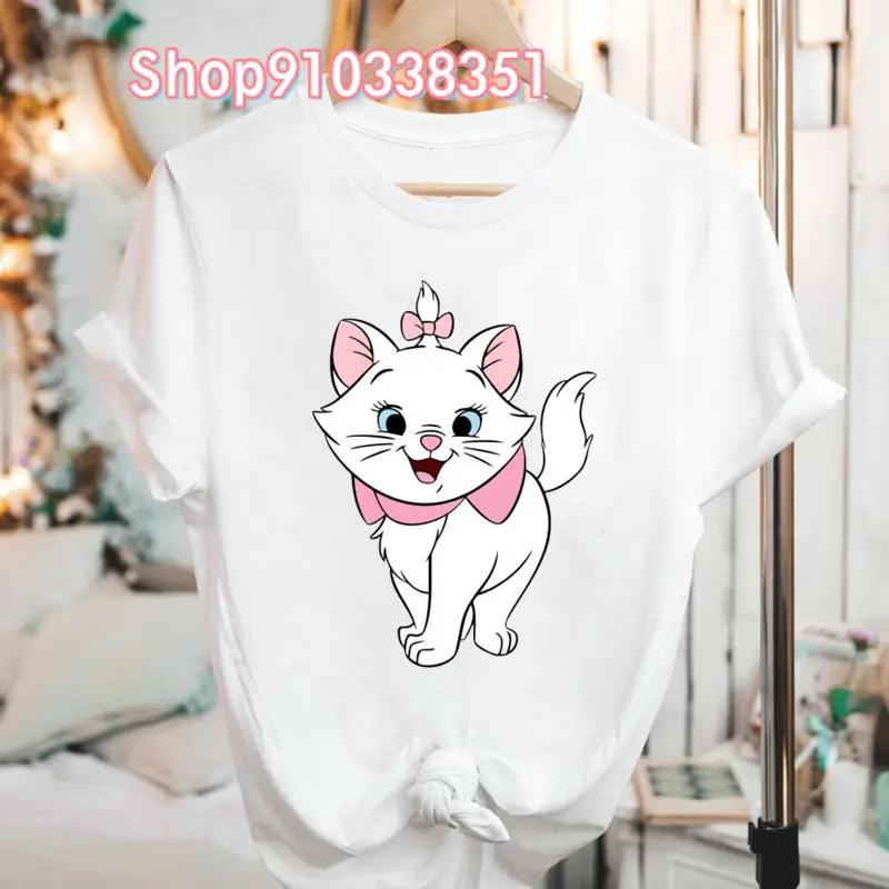 Japon Yaz Aristocats Marie Kedi Kawaii Elbise Beyaz Kısa Kollu Grafik T Shirt Tiki Tarzı Kadın Büyük Boy T Shirt