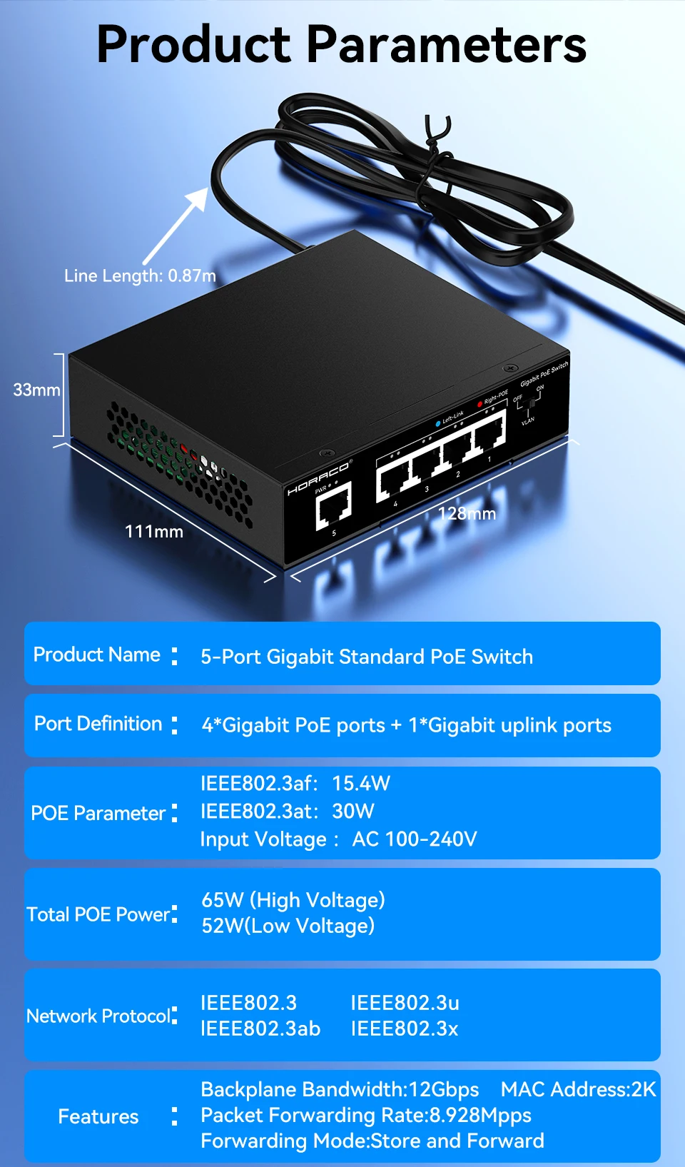 HORACO 5-Port POE Switch Gigabit 1000Mbps Aktiver POE Netzwerk-Switch für IP-Kamera, NVR, Überwachung, CCTV, POE-Kamera – Detail 8