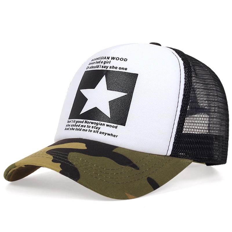 New Fashion Five Pointed Star Pattern Printed Trendy Men\'s and Women\'s Universal Hip Hop Mesh Breathable Baseball Hat Truck Caps