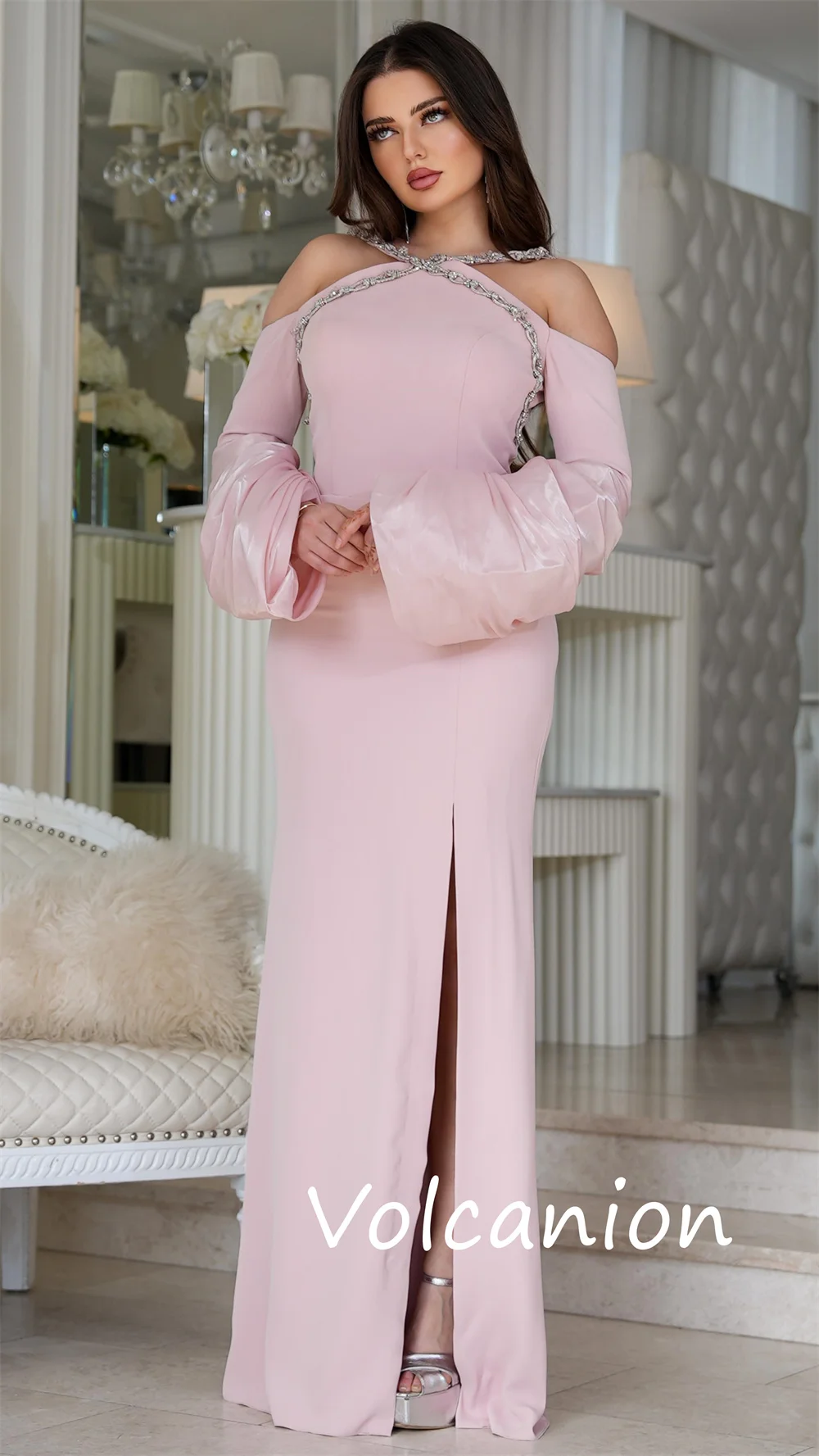 Customized High Quality Jersey Sequined Pleat A-line Halter Long Dresses Bespoke Occasion Modern Style Sexy