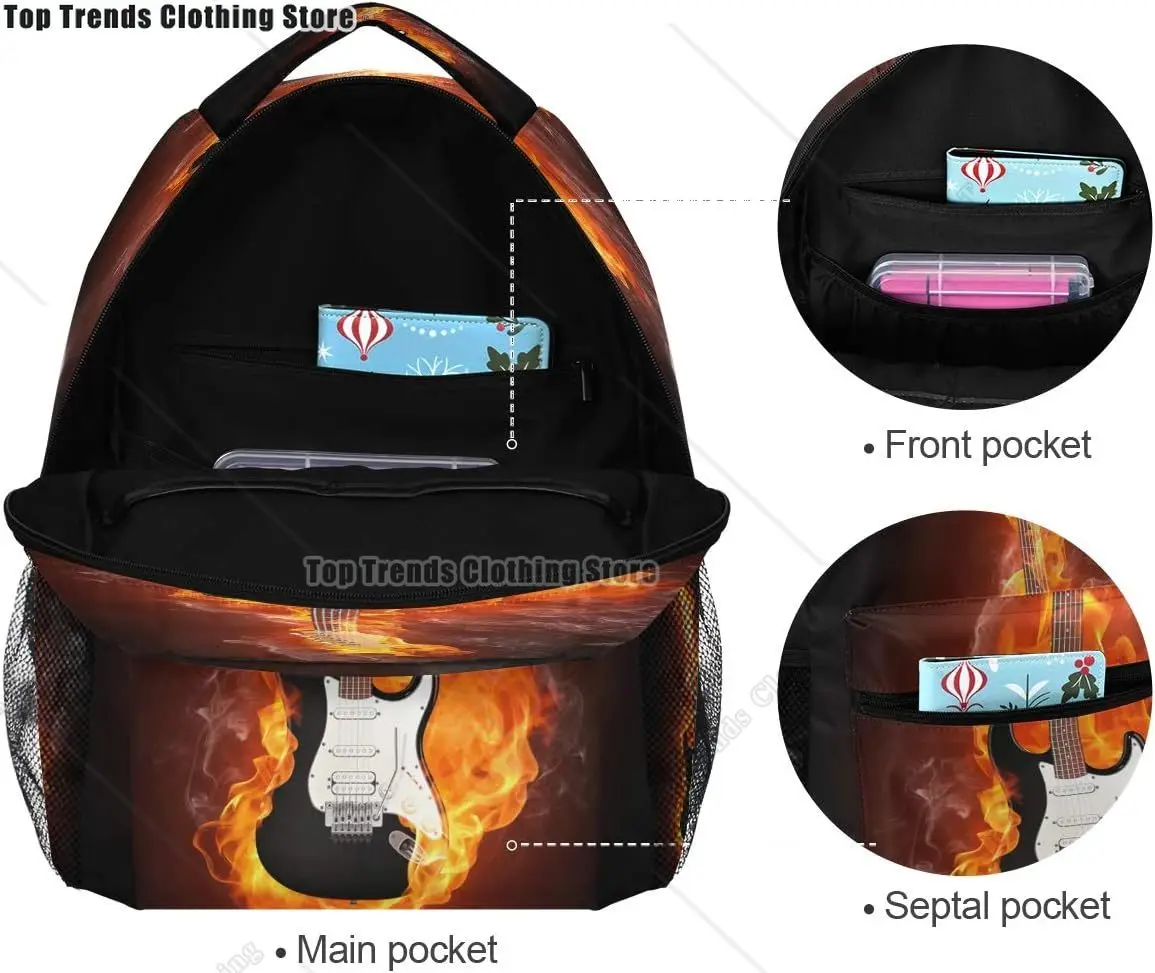 حقيبة ظهر للسفر مطبوعة على شكل جيتار كهربائي من Fire Flames لحقيبة الكتب المدرسية المقاومة للماء