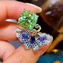 Foydjew Luxury Butterfly Design Jewelry Inlaid Mint Green Tourmaline Rings For Women Fashion Exquisite Silver Color Ring