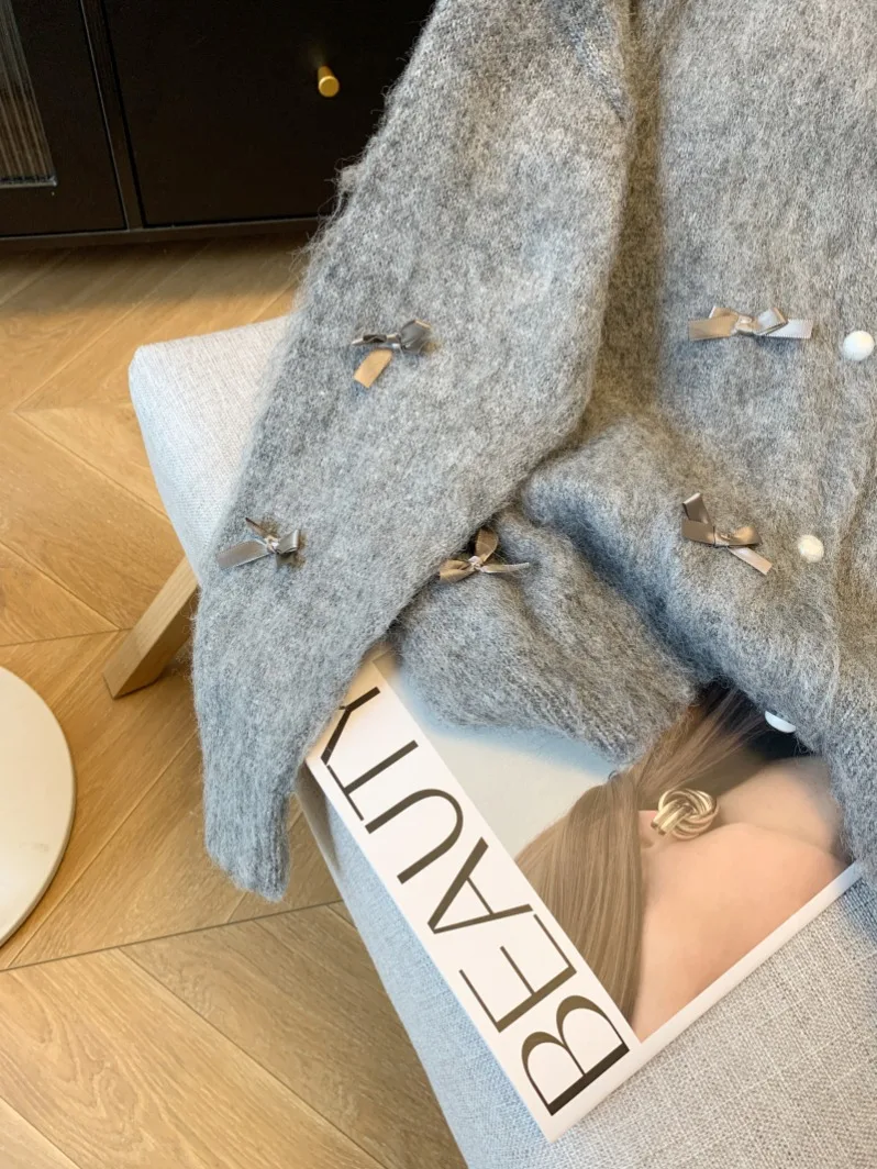 Korean Elegant Gray O-neck Single-breasted Imitation Mink Knitted Sweater 2024 Loose Soft Bow Cardigan Tops Women Autumn Winter