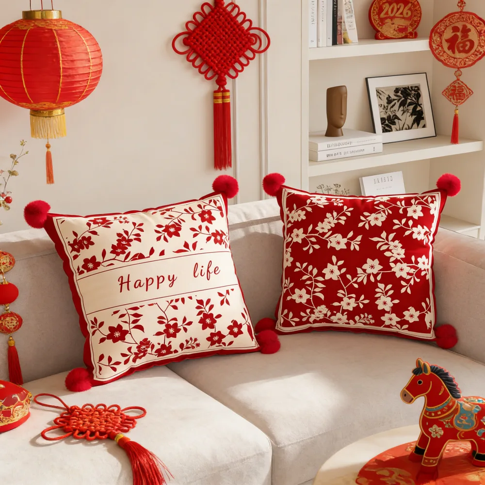 Red Festive New Year Pillow Cover for Pets Dog Cat Bed Decorative Cushion Sofa Backrest Soft Plush Throw Pillow Home