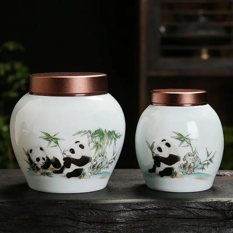 

Creative Porcelain Sealed Storage Tea Jar Cute Panda Pattern Tea Caddy Portable Moisture-proof Pot Kitchen Teaware