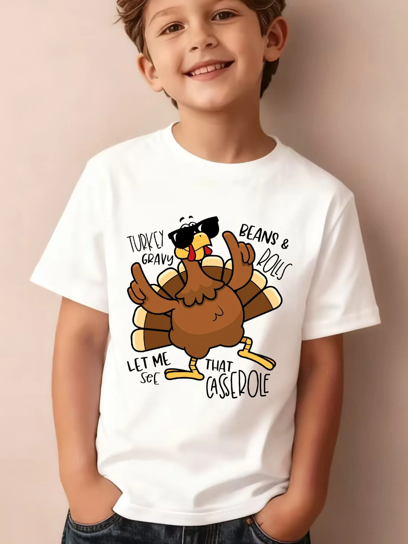 Thanksgiving Cool Turkey Letter Cartoon Print Boys Girls Family Matching Tee Soft Kids Parent Short Sleeve Daily Casual T Shirt