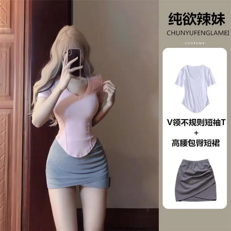 2024 Women\'s 2-piece Solid Color Irregular V-neck Short T-shirt Slim Fit Spicy Girl Wrap Hip Skirt Summer Sexy Women\'s Clothing