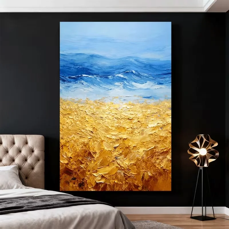 Hand-Painted Modern Abstract Beach Sea Oil Painting - Textured 3D Thick Brushstroke Coastal Wall Art with Golden & Blue Hues, Fr