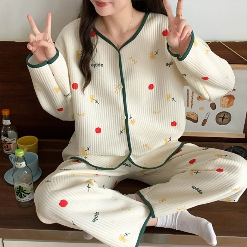 

Sweet Floral Air Layer Cotton Women Pajama Sleepwear Autumn Winter Home Clothes Set Wearable Outer Home Suit Long Sleeve V-Neck