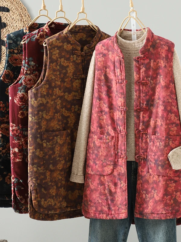 

Зима 2025 года, китайский хлопковый жилет с воротником-стойкой и принтом, с пуговицами спереди, свободный женский топ свободного покроя