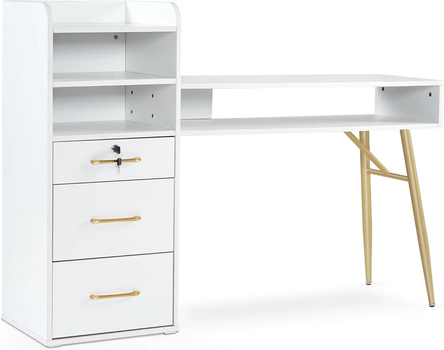 BarberPub Manicure Table with 3 Drawers & 4 Shelves, Nail Desk with Golden Handles and Legs