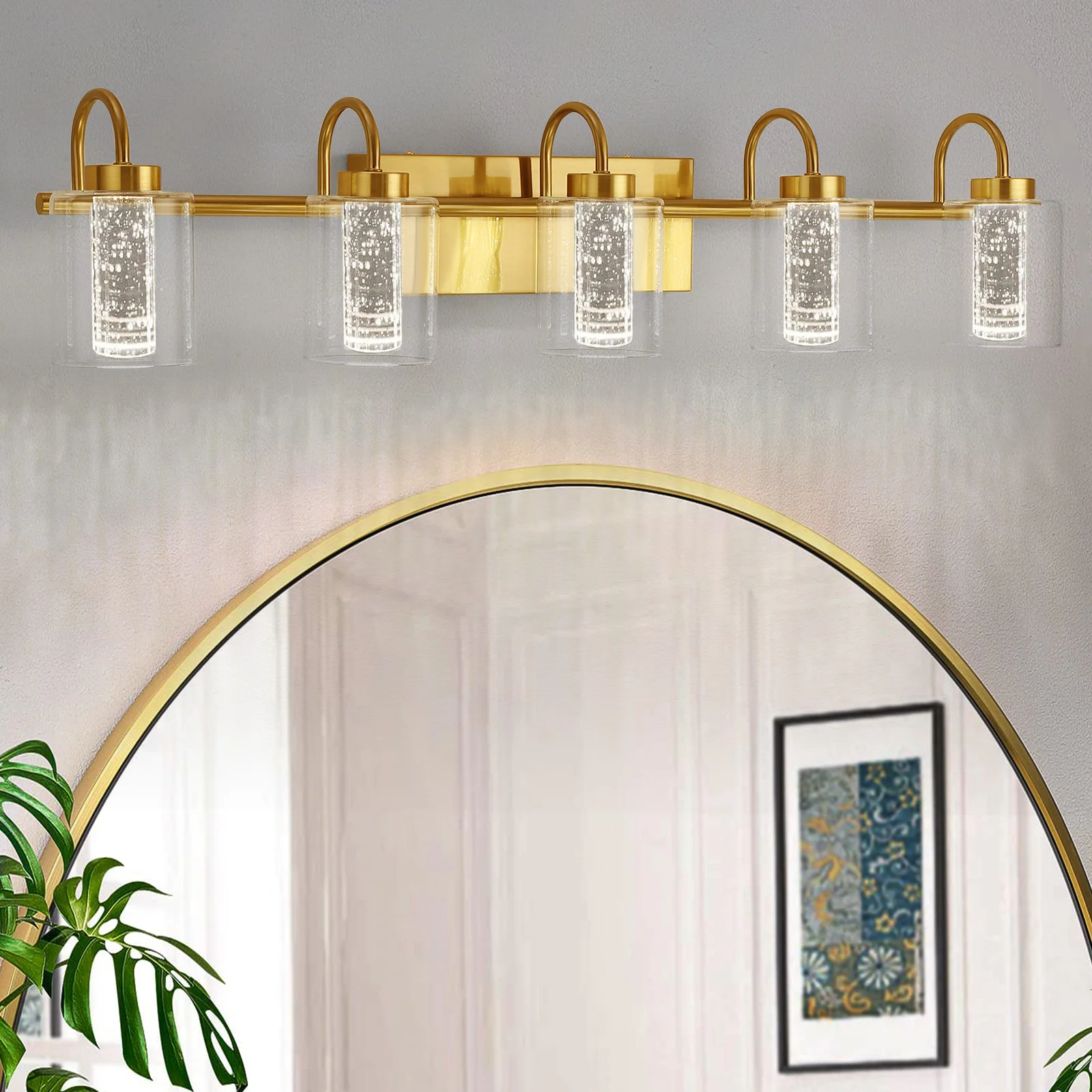 

Brushed Gold Vanity Lights, Bathroom Light Fixtures Crystal Bubble Glass Dimmable 3 Color Temperatures Modern Wall Sconce