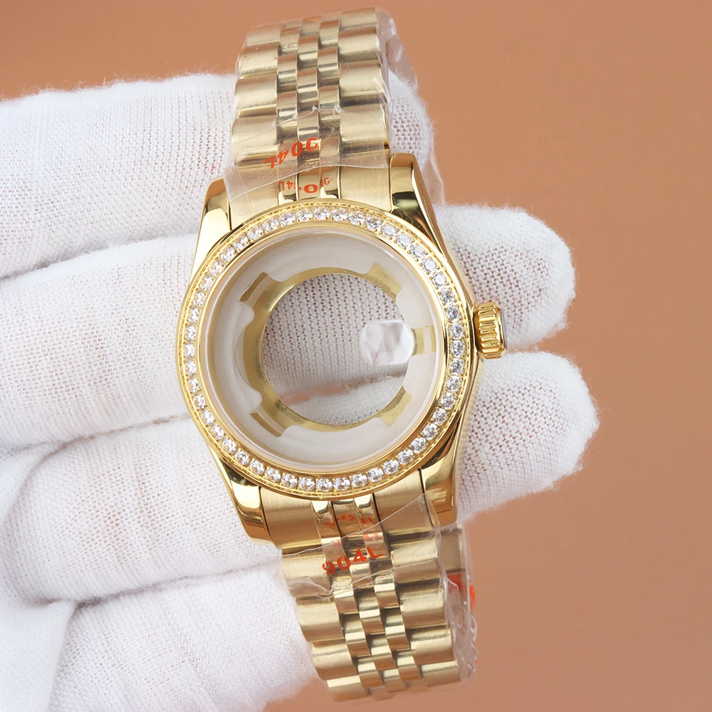 Sapphire glass 33mm Lady‘s Case Strap Diamond NH05 Watch Case For NH05 NH06 Automatic Movement Stainless Steel Jubilee Bracelet