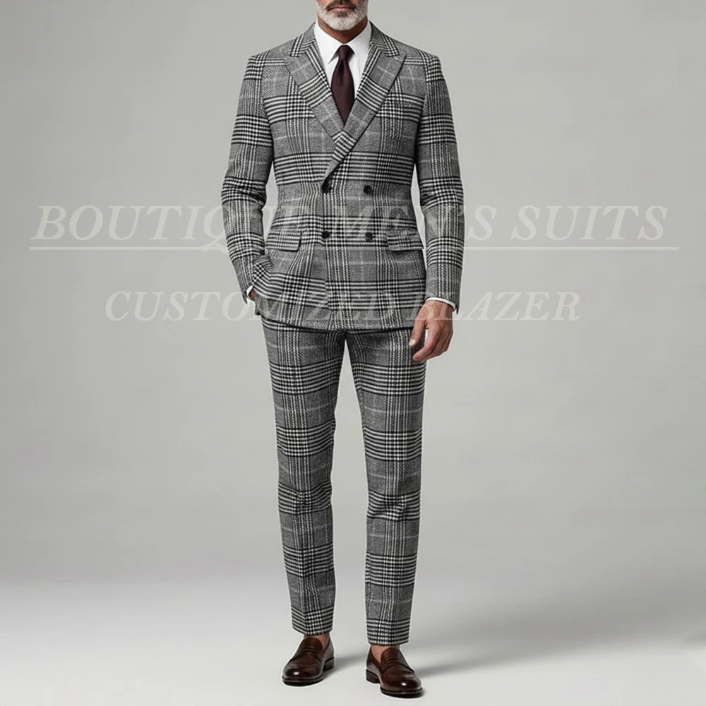 

Luxury Plaid Men's Suits Male Clothing Double Breasted 2 Piece Jacket Pants Sets Straight Business Male Clothing Costume Homme
