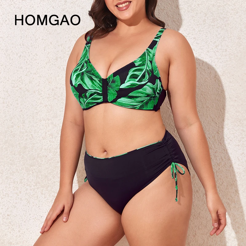 HOMGAO Retro Print Swimwear Women's Swimsuit Large Size Two Piece Bikini Tummy Control High Waist Drawstring Beach Bathing Suits